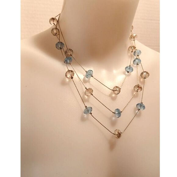 Elegant Silver-Tone Metal Layered Necklace with Chain Smoky and Blue Crystals - Picture 5 of 10